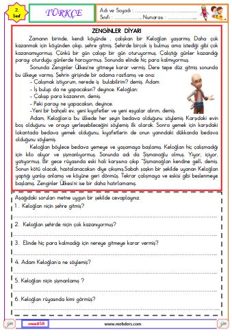 2. Sınıf Türkçe Okuma ve Anlama Metni Etkinliği  ( Zenginler Diyarı )
